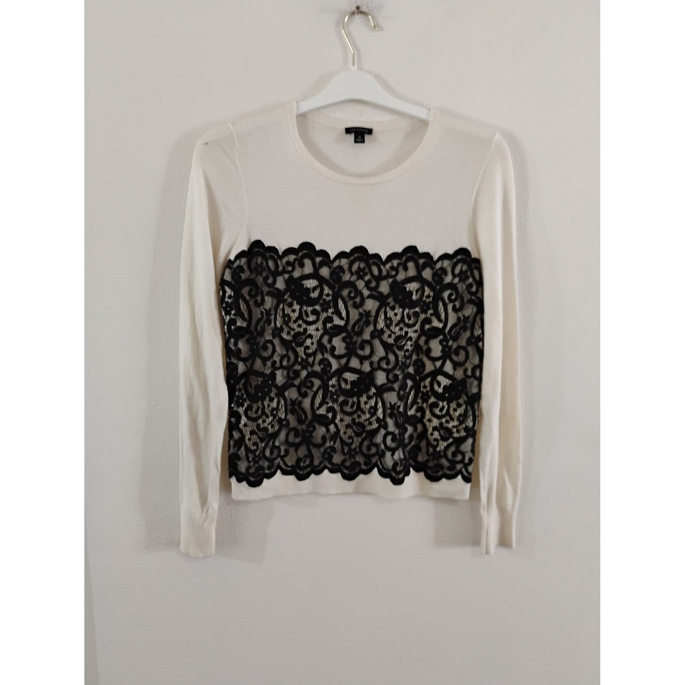 Ann Taylor Ivory White Black Lace Overlay Long Sleeve Crew Neck Sweater Medium